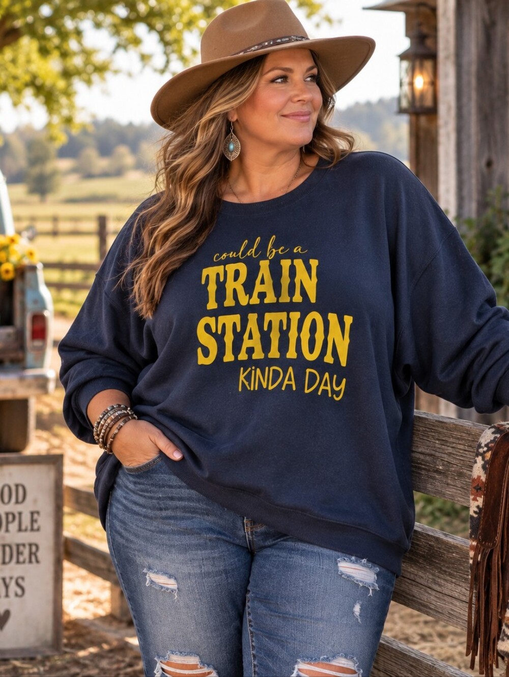 Lux & Charm/Gildan Train Station Kinda Day Western Graphic Sweatshirt Plus Size